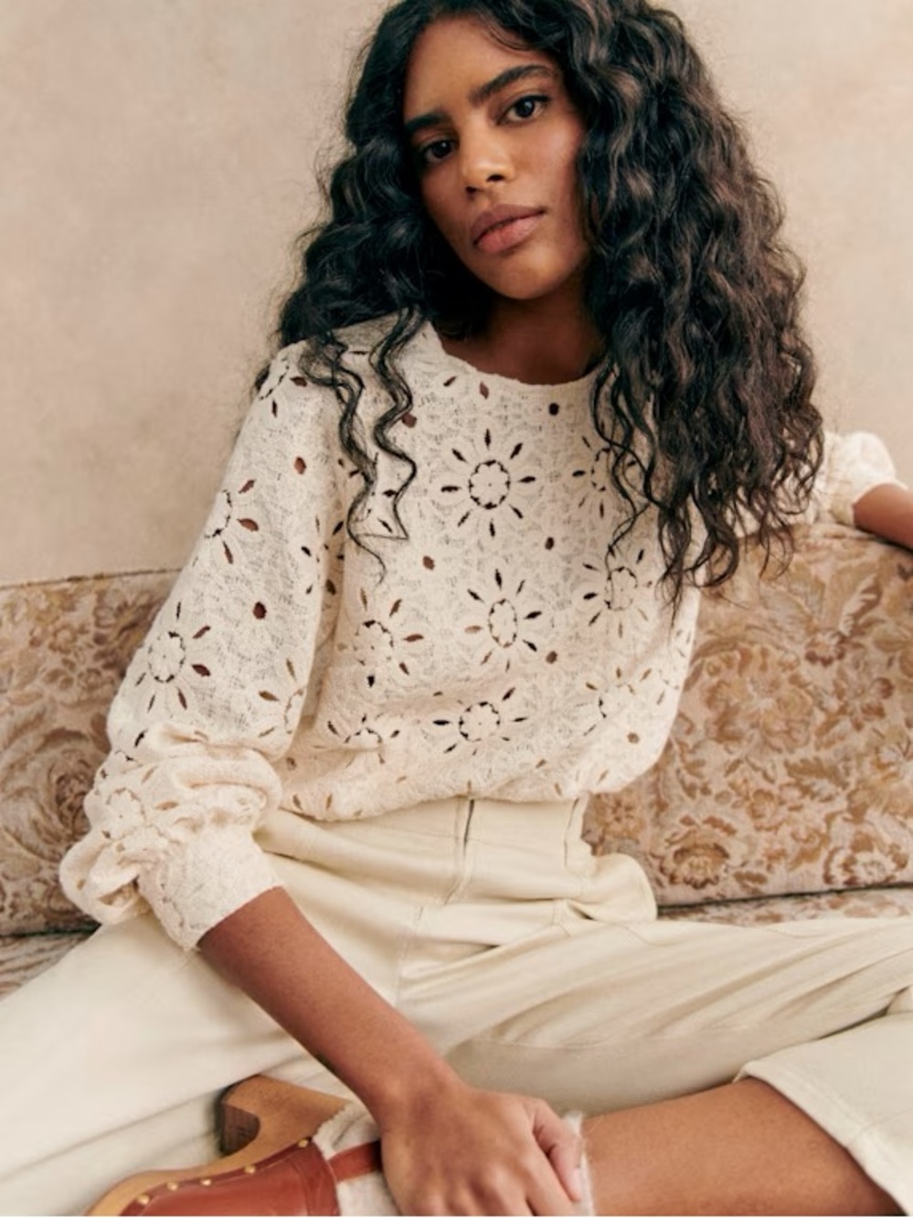 SEZANE Cream Ecru Boho Floral Embroidered Guipure Lace Cotton Jesse Blouse Top